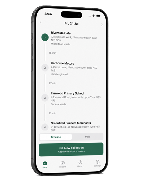 WasteTrace app timeline view listing today's collections in order with travel time between stops